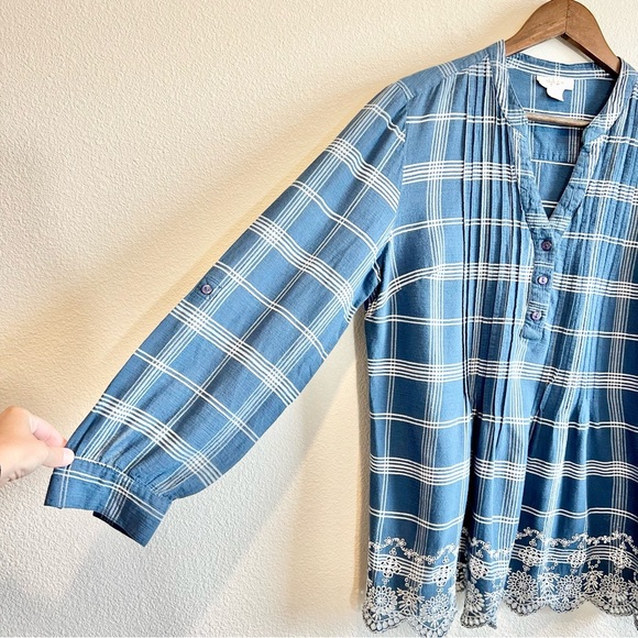 Style & Co Shirt Blue Plaid Long Sleeve Eyelet Embroidered Cotton Blouse Large - Picture 3 of 8
